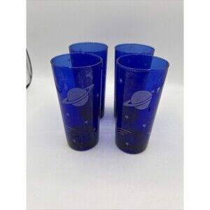 Vintage REIMS France Cobalt Blue Space Age Glasses Moon Stars Saturn Set/ 4